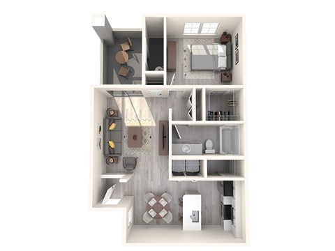 A top-down view of a small apartment with a kitchen, living room, and bathroom.